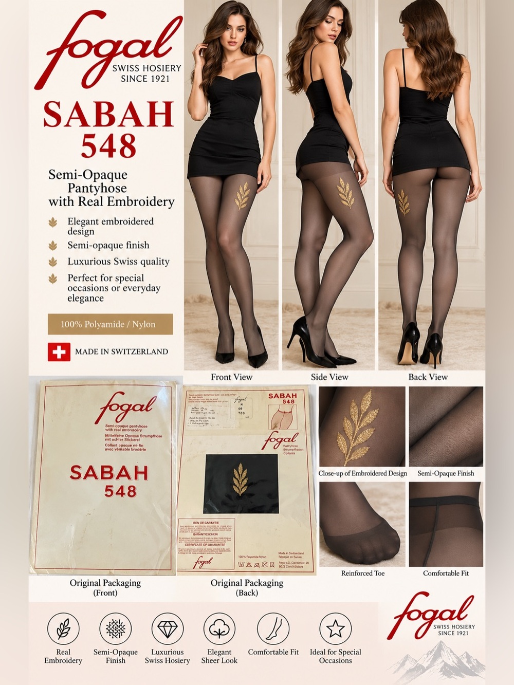Vintage Fogal Sabah 548 Semi-Opaque Pantyhose Embroidered Swiss Hosiery NIP
